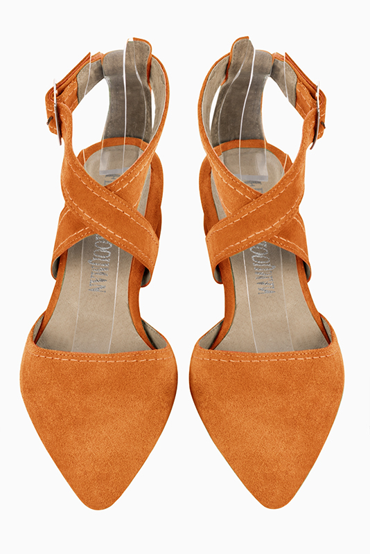 Apricot orange women's open back shoes, with crossed straps. Tapered toe. Low flare heels. Top view - Florence KOOIJMAN